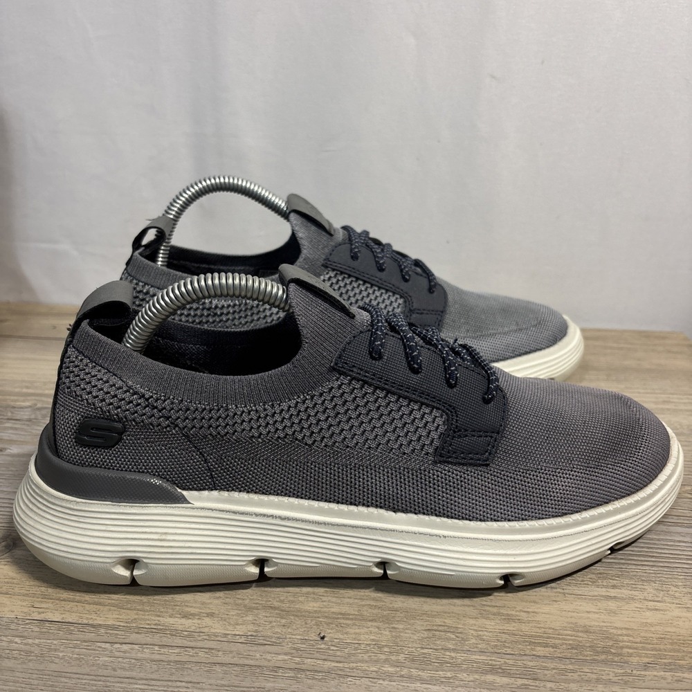 Skechers Men 7.5 Garza Alandis Sneaker Gray Blue‎ Knit Slip On Stretch Lace Shoe - Picture 2 of 15